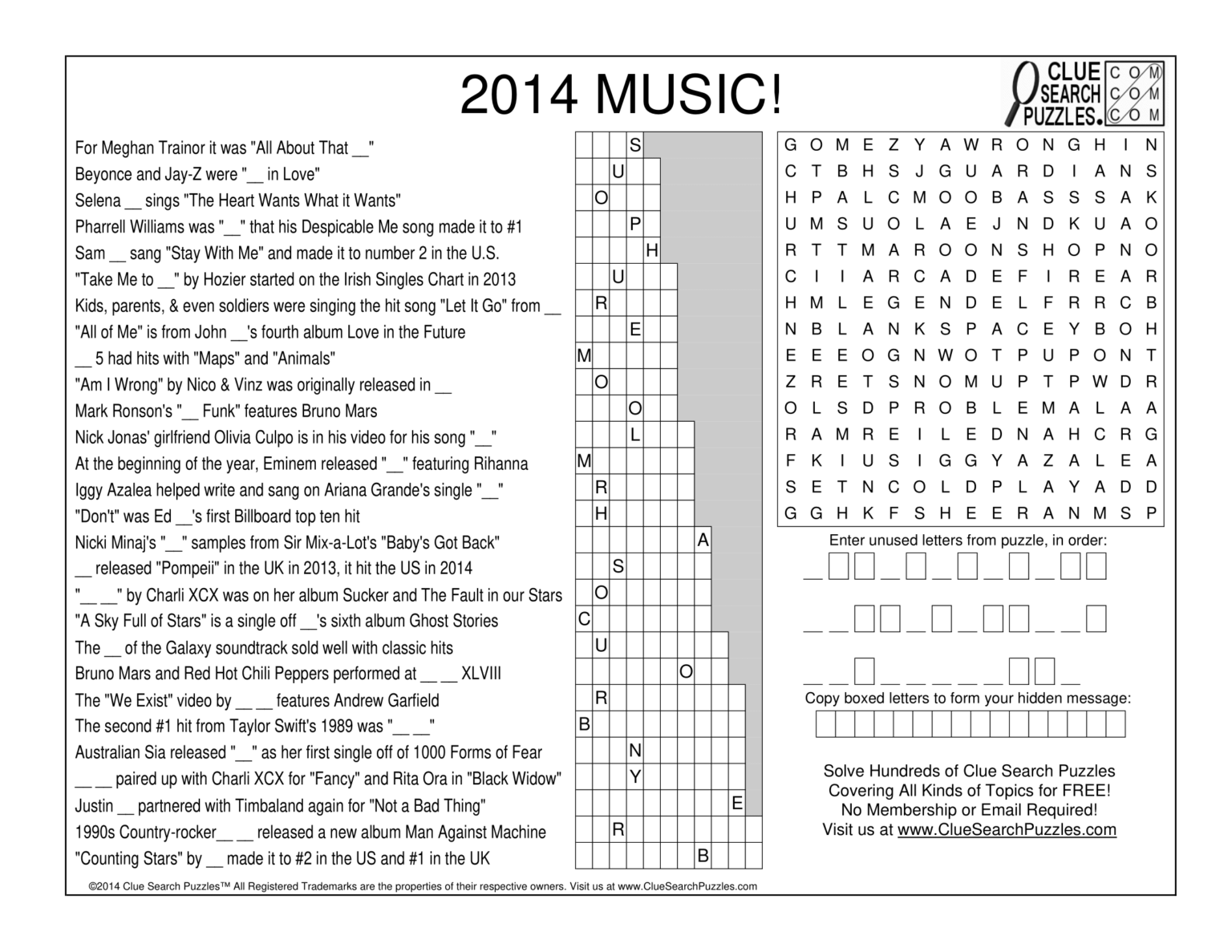 2014 MUSIC TRIVIA QUIZ Clue Search Puzzles