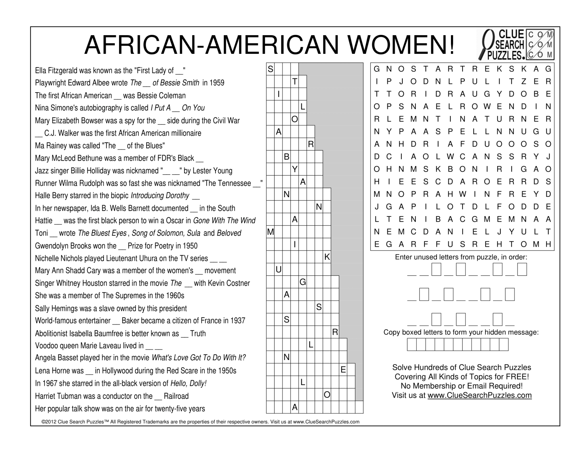 AFRICAN AMERICAN WOMEN TRIVIA QUIZ Clue Search Puzzles