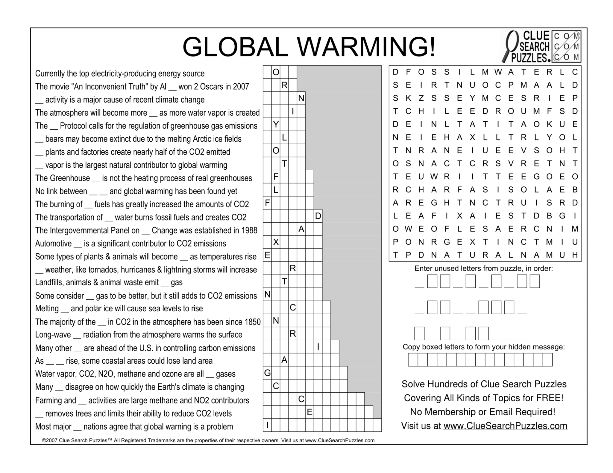 GLOBAL WARMING TRIVIA QUIZ Clue Search Puzzles