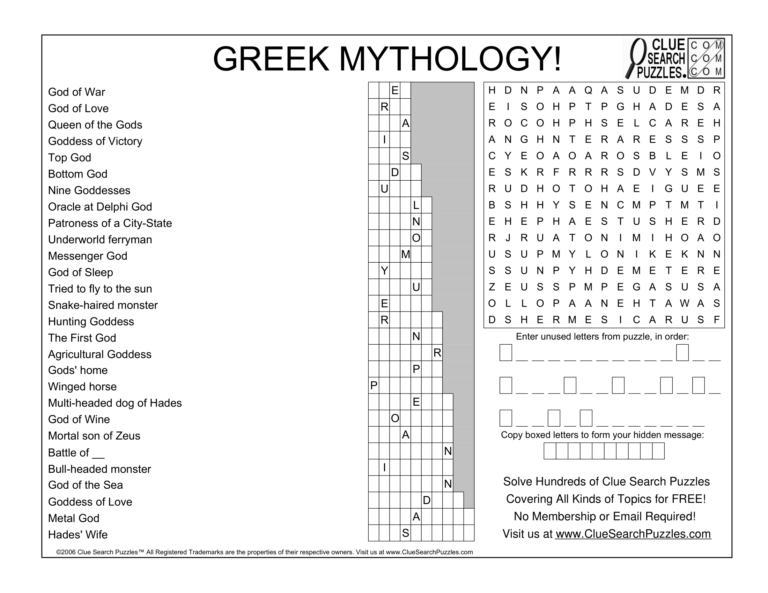 GREEK MYTHOLOGY TRIVIA QUIZ Clue Search Puzzles