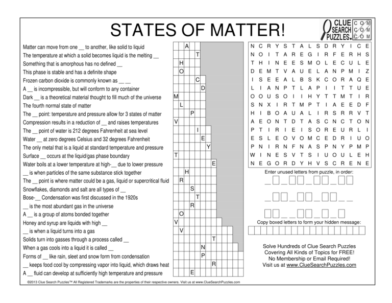 STATES OF MATTER TRIVIA QUIZ Clue Search Puzzles