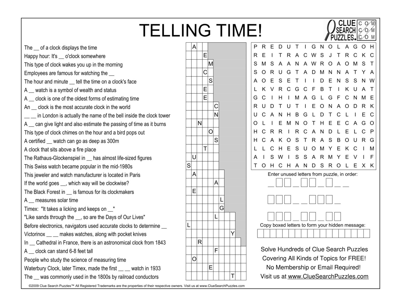 TELLING TIME TRIVIA QUIZ Clue Search Puzzles